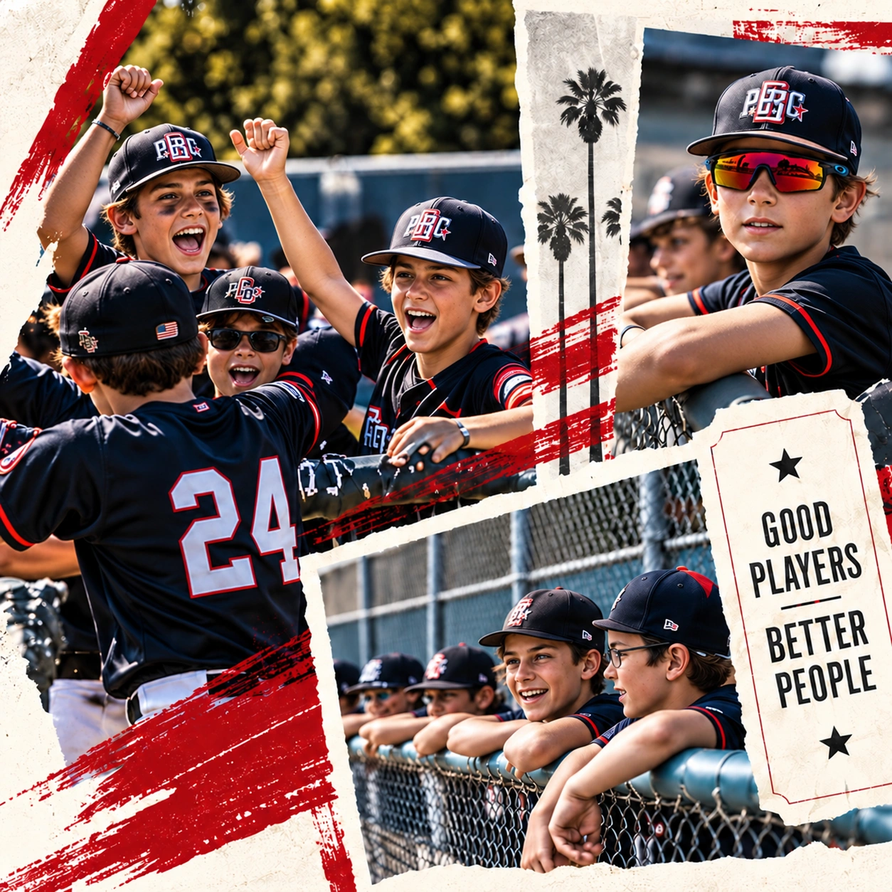 Original mockup collage of cheering baseball teammates and players at the dugout fence